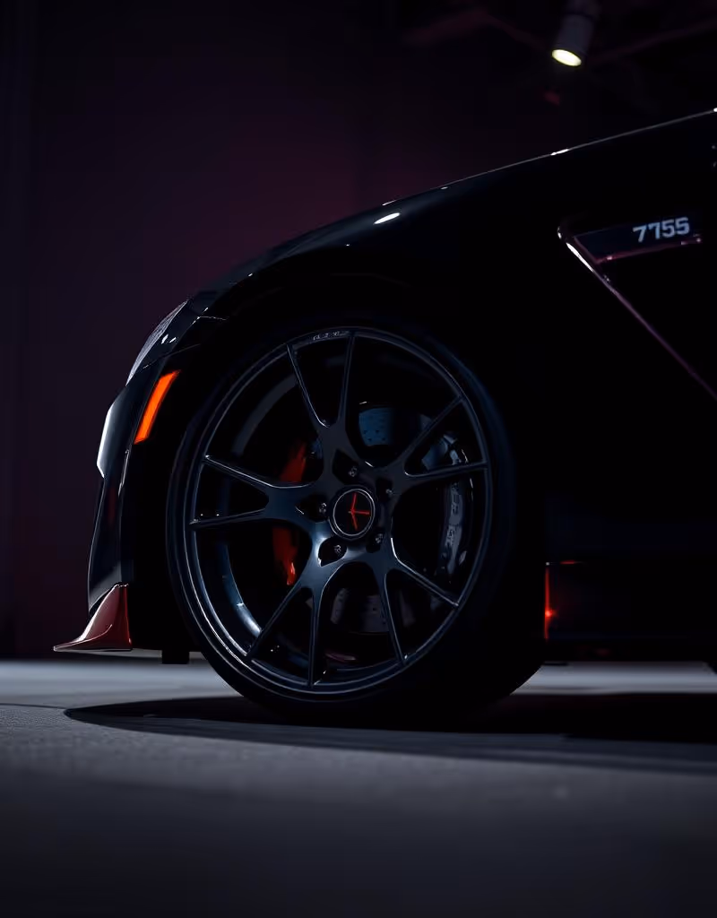 Close-up of a black sports car's front wheel with intricate black alloy rim and red brake caliper under dim lighting.