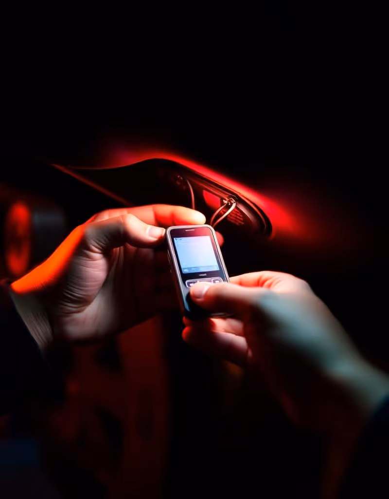 Close-up of hands holding and operating a car key remote fob in a dark setting with red ambient light.