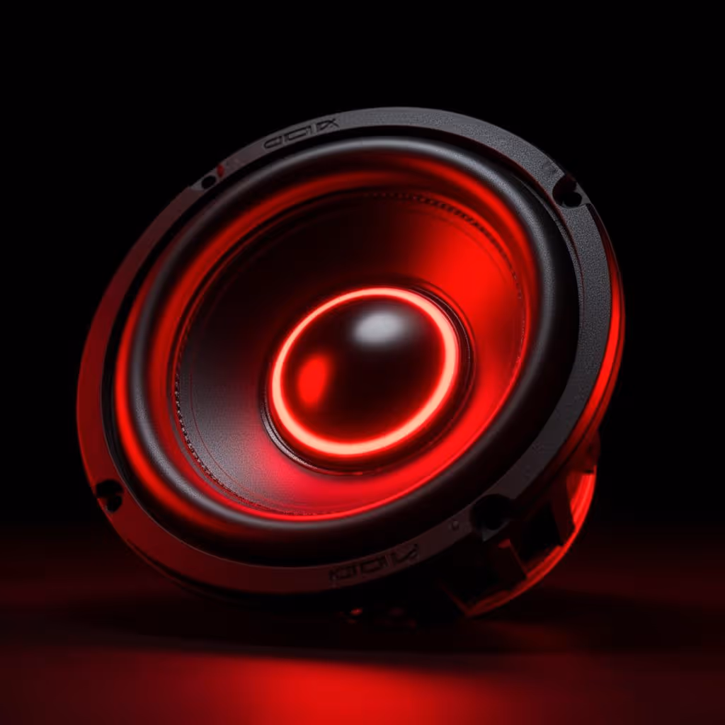 Close-up of a black speaker cone glowing with red light on a dark background.