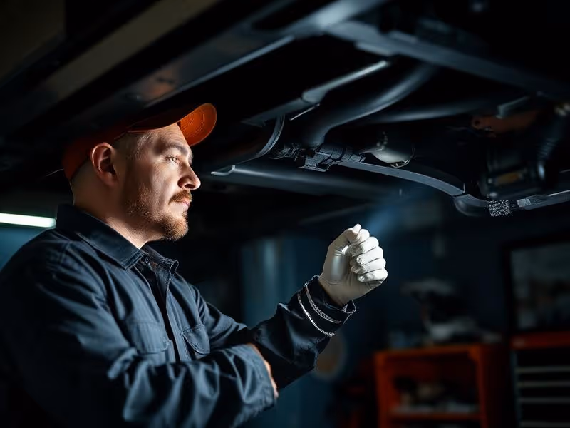 Mechanic with an orange cap and gloves inspecting the underside of a vehicle in a garage.
