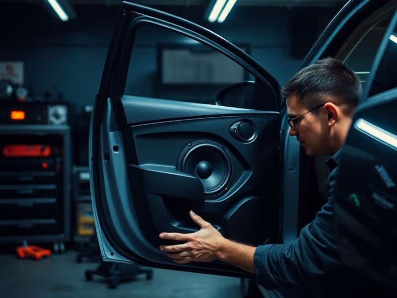 Man inspecting a car door speaker inside a dimly lit garage or workshop.