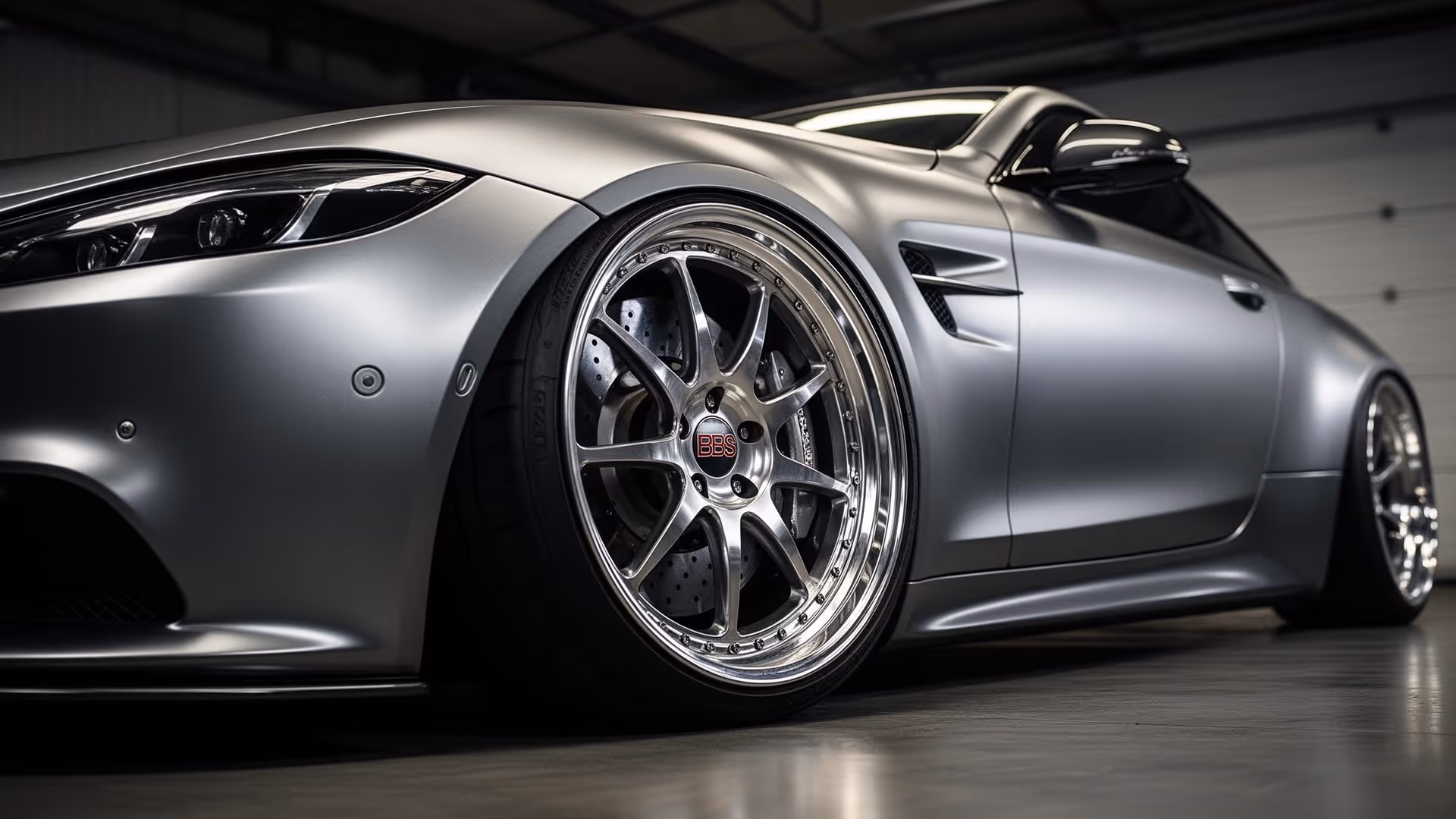 Close-up of a matte silver sports car front side with chrome BBS alloy wheels and detailed headlights in a garage.
