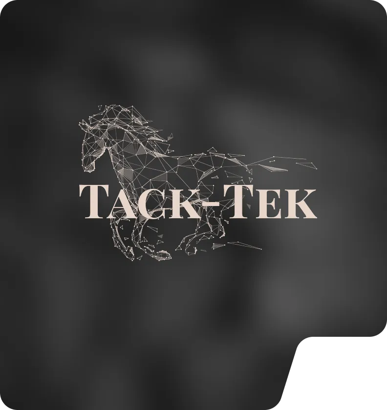 Digital wireframe of a galloping horse with the text 'TACK-TEK' overlayed on a dark blurred background.