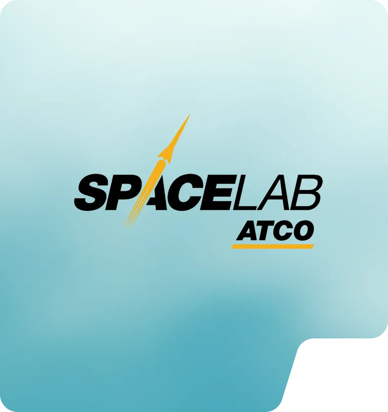 SpaceLab ATCO logo with a stylized yellow rocket forming the letter I in SPACE on a blue gradient background.