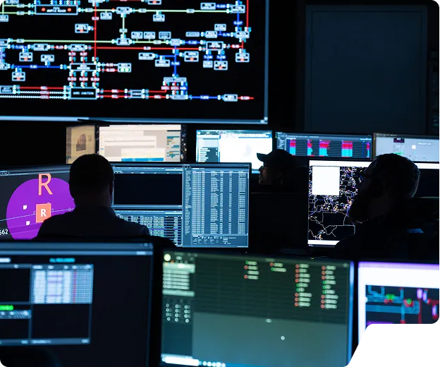 People monitoring multiple screens with data and network maps in a dark control room.
