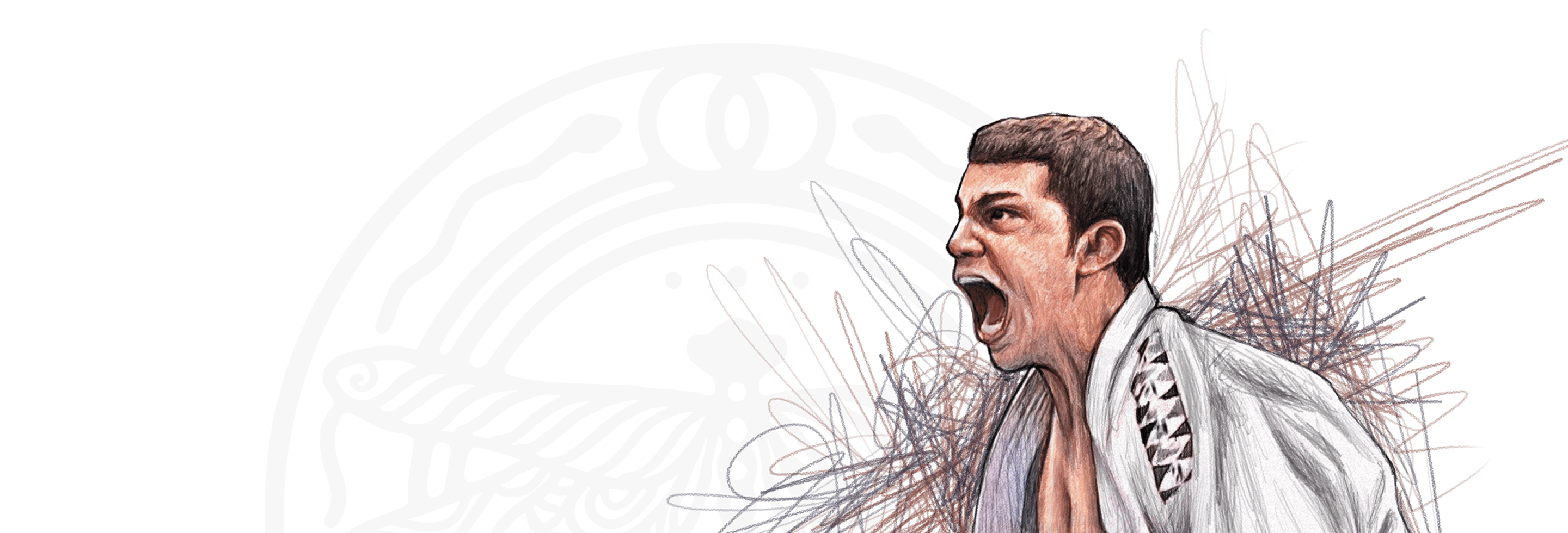 Illustration of Josh in a white martial arts gi shouting passionately with scribble-style background lines.