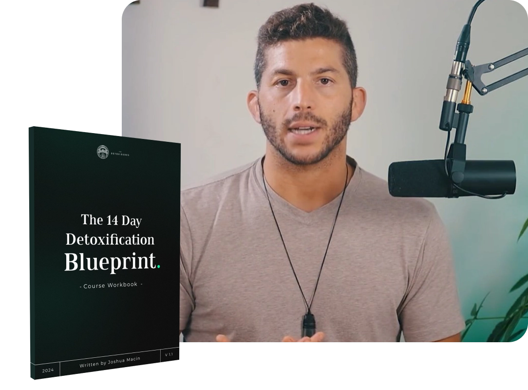 Josh speaking into a microphone with a book titled 'The 14 Day Detoxification Blueprint' displayed on the left.