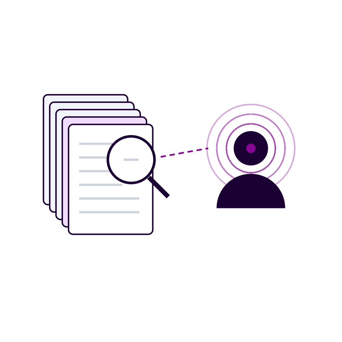 Illustration: stack of documents with an empty magnifier, the answer sits in a person's head