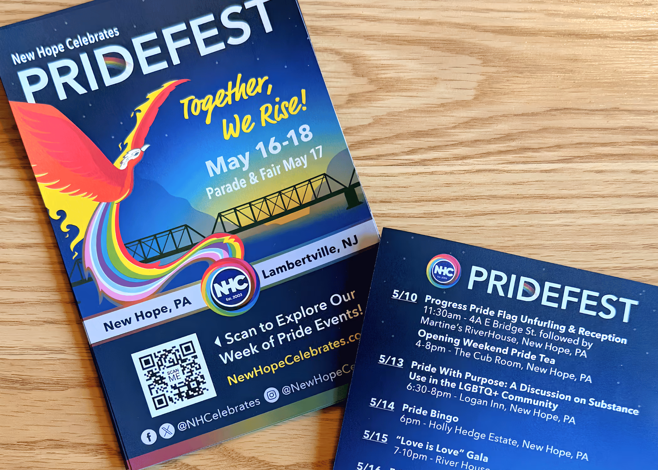 New Hope Celebrates 2025 PrideFest pamphlets advertising their Pride event designed by TheThumbprint, Laura Reilly.