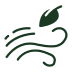 Green icon of a swirling gust of wind with a leaf.