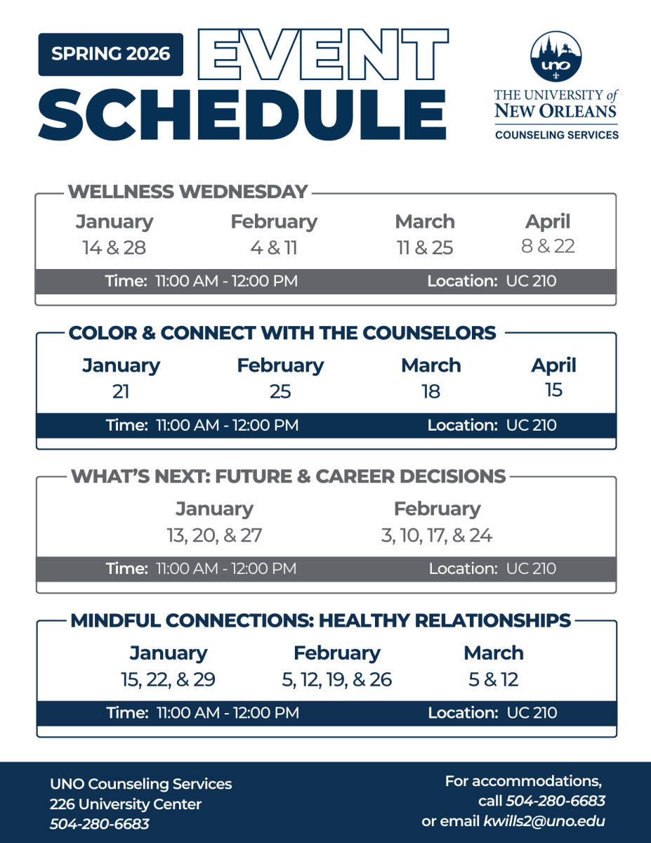 Schedule of events for the spring 2026 semester, call 504-280-6683 for schedule
