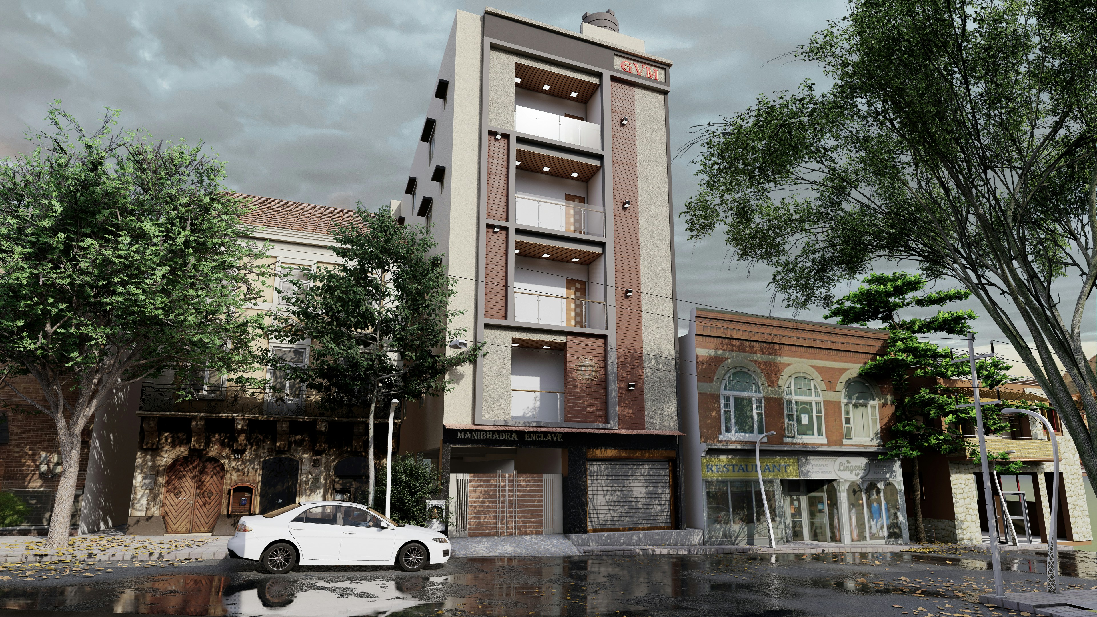 Four-story modern building with balconies and parked white car on street with trees around.