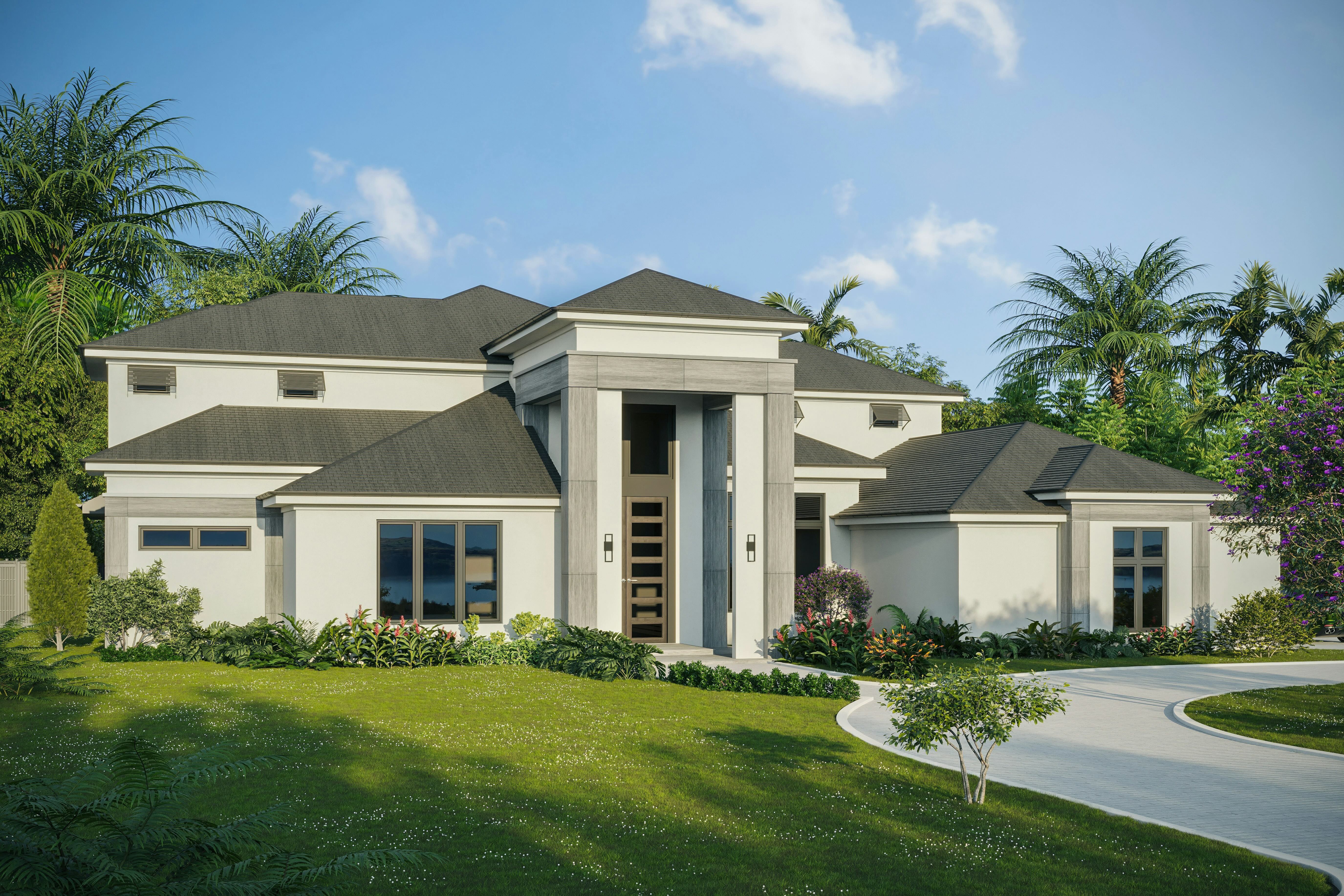 Modern two-story house with gray roof, large entrance, surrounding garden, and curved driveway.
