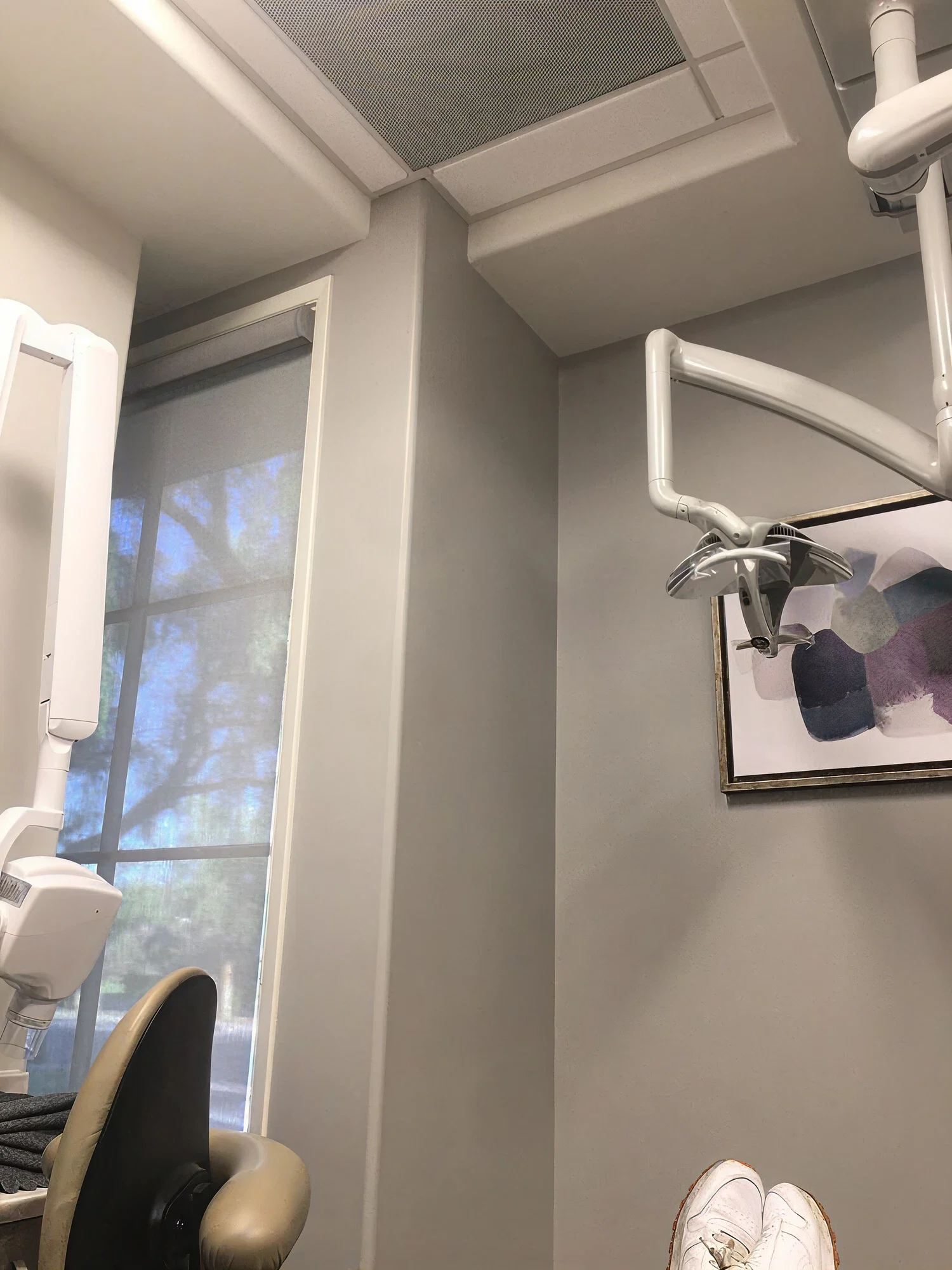 Dental treatment room at Ortega Cottage Dentistry with overhead operatory light, window view, and abstract wall art