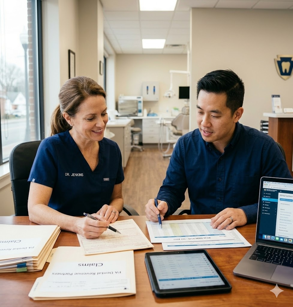 dentist and billing manager discussing claims