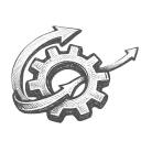 Metallic gear with surrounding arrow curving upward, symbolizing progress or technology.