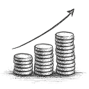 Stacked coins increasing in height with an upward arrow indicating financial growth or investment progress.