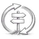 Black circular brush stroke encircling a signpost with two arrow signs pointing left and right.
