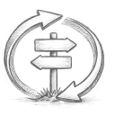 Black circular brush stroke encircling a signpost with two arrow signs pointing left and right.
