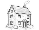 Black and white sketch of a two-story house with a chimney, shingled roof, front door, and plants around the base.