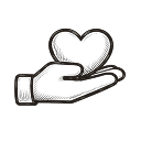 A simple line drawing of an open hand with a heart shape floating above the palm.