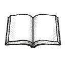 Black and white sketch of an open book with blank pages.