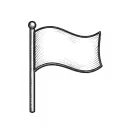 Black line drawing of a flag waving on a flagpole.