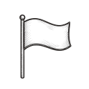 Black line drawing of a flag waving on a flagpole.