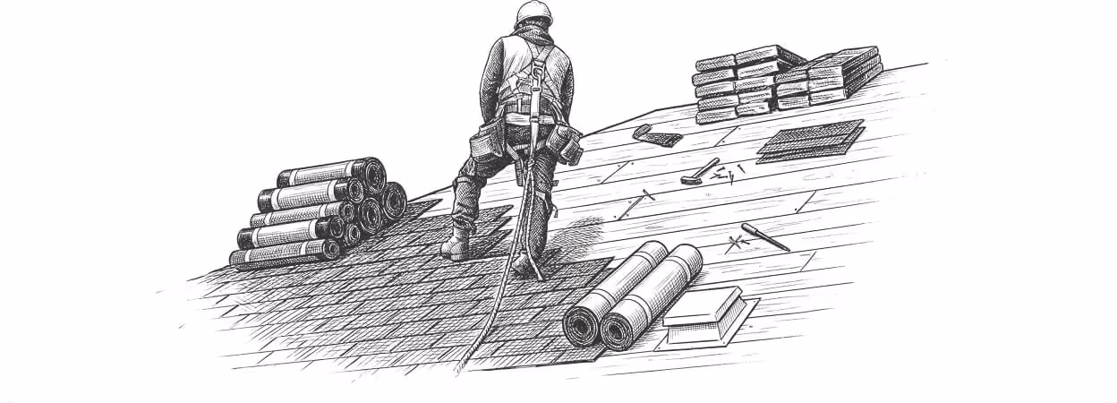 Pen-and-ink illustration of a roofer working on a shingled roof with rolls of roofing material