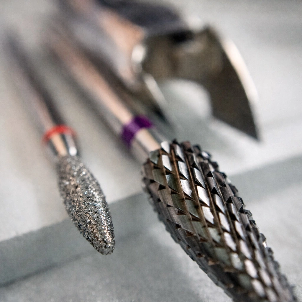 Gros plan sur des fraises dentaires rotatives dotées de têtes métalliques texturées, posées sur une surface claire.