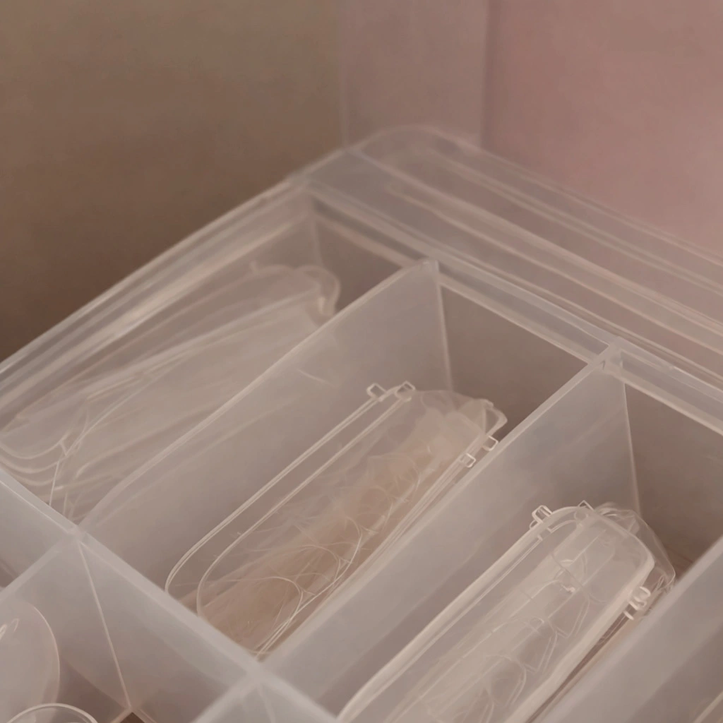 Boîte de rangement en plastique transparent à plusieurs compartiments contenant des objets en plastique transparent, par exemple des capsules pour ongles ou des moules pour ongles en acrylique.