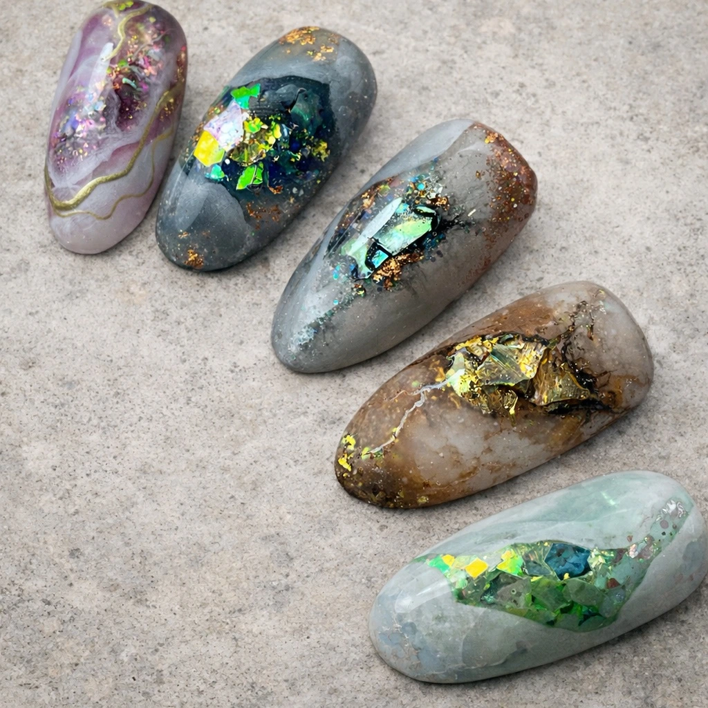 Cinq motifs décoratifs pour les ongles, avec des touches colorées irisées et métalliques sur un fond gris.