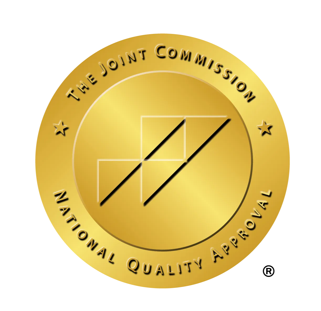 Gold seal with text The Joint Commission National Quality Approval and a geometric design in the center.