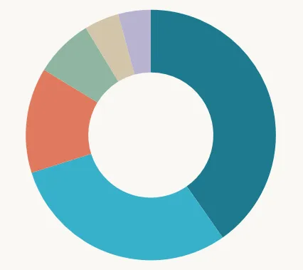 Donut chart with six differently colored segments showing proportions of revenue sources.