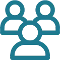 Blue icon depicting three people representing a group or team.