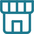 Simple blue icon of a store building with a door and three windows above it.