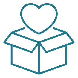 Open box with a heart symbol rising above it, outlined in blue.
