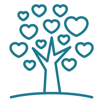 Tree with branches and leaves shaped like hearts in blue outline.