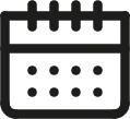 Simple black calendar icon with dates and three top rings.