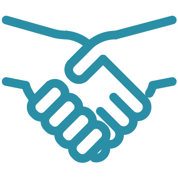 Simple teal icon of two hands shaking in a handshake.