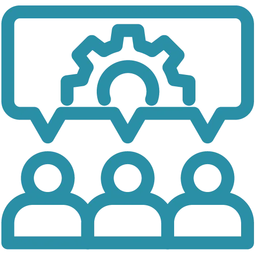 Three people icons below a speech bubble with a gear symbol inside representing teamwork or collaboration.