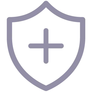 Shield outline with a plus sign in the center symbolizing safety or protection.