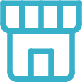 Blue store icon with a storefront roof and door.