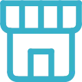 Blue store icon with a storefront roof and door.