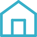 Simple blue icon of a house with a door, representing home.