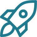Simple blue rocket icon with a circular window and two fins on the sides.