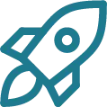 Simple blue rocket icon with a circular window and two fins on the sides.