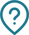 Map pin icon with a question mark inside, in dark blue color.