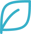 Blue stylized leaf icon with a central vein and curved line inside.