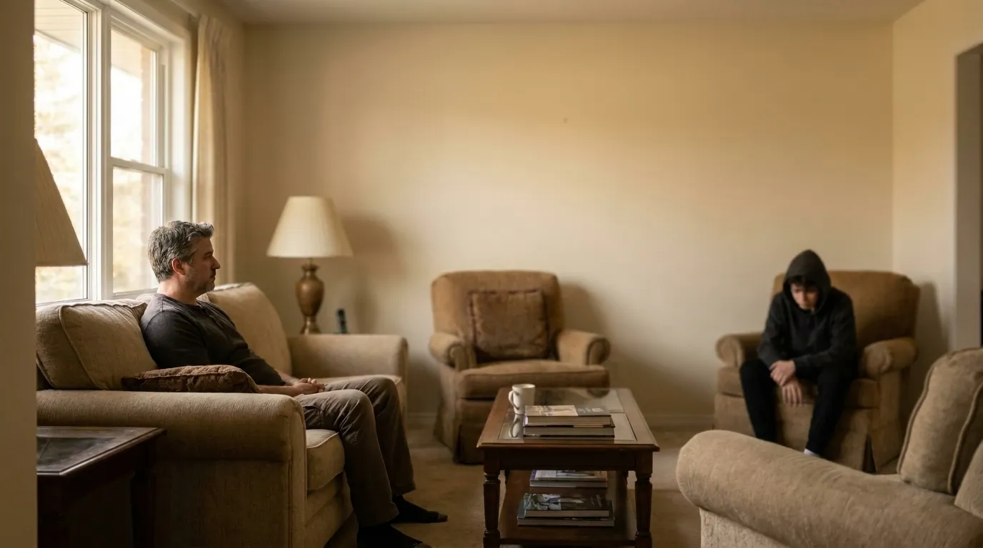 Man and teenage boy sitting apart on couches in living room, both looking thoughtful and distant.